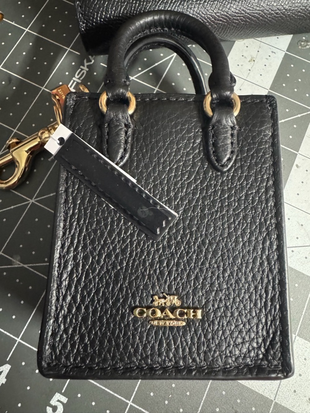 Coach Black Pebbled Leather Mini Tote Charm with Gold Hardware